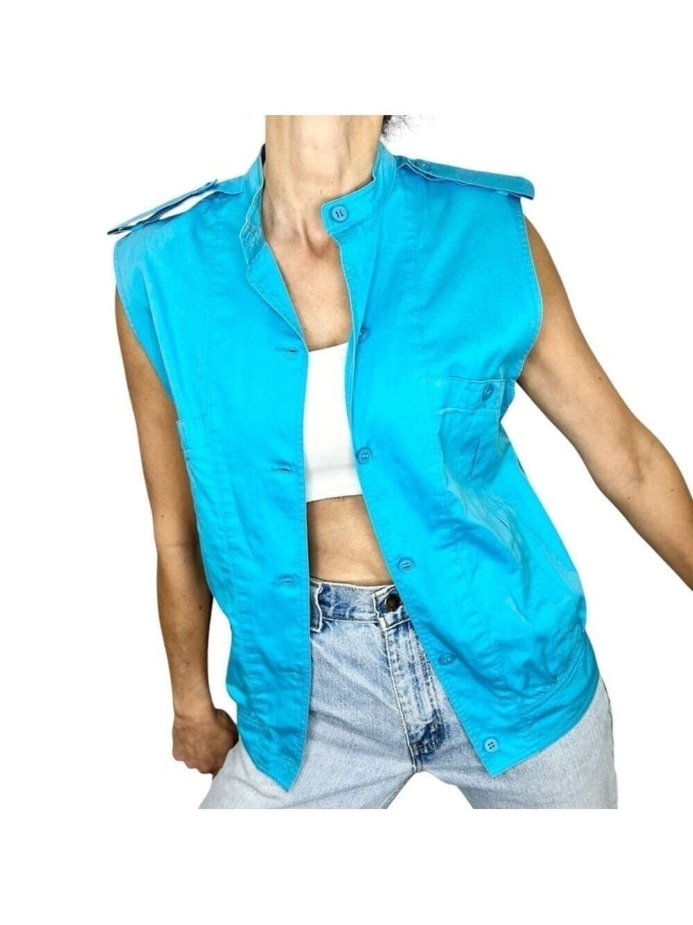 Vintage 80s blue cotton sleeveless button front utility vest